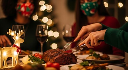Festive holiday dinner with masked guests and holiday decor elements