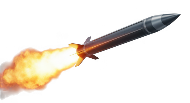 Flying rocket launching with fire and smoke trail isolated