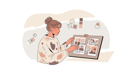 Woman Designing and Presenting a Moodboard for a Creative Project Strategy Concept.