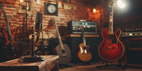 Vintage microphone in a brick-walled recording studio with guitars in the background, illuminated by studio lighting.
