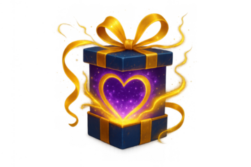 Gift box opening with glowing heart energy, golden ribbons, magic light, love present on transparent background