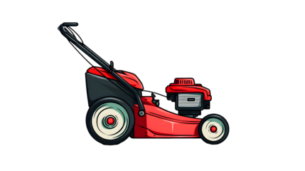 Bright red rotary lawnmower with large rear wheels and a black handle for garden maintenance isolated on transparent background