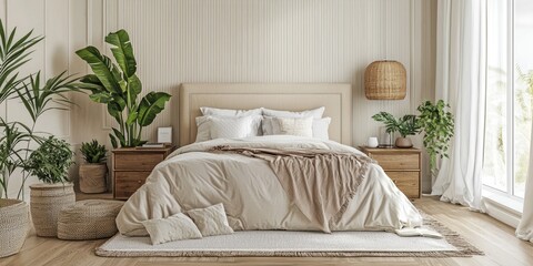 A cozy bedroom with a beige wall, wooden floor, and a large window with plants.