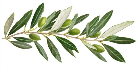 A branch of olive leaves with green and white leaves, some of which have fruits, against a white background.