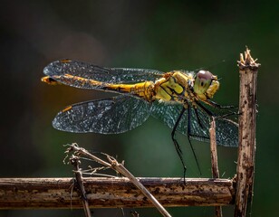 Close-up view of a vibrant dragonfly perched on a dry twig
