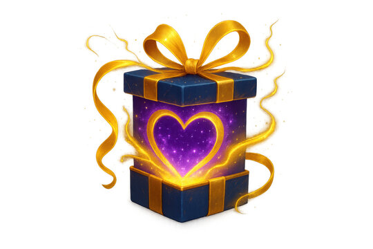 Gift box opening with glowing heart energy, golden ribbons, magic light, love present on transparent background