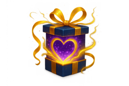 Gift box opening with glowing heart energy, golden ribbons, magic light, love present on transparent background