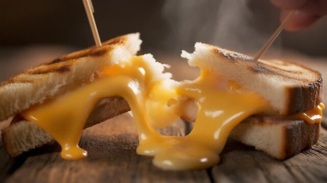 Dramatic macro close up of hot, gooey melted cheese being pulled apart in slow motion with steam rising.