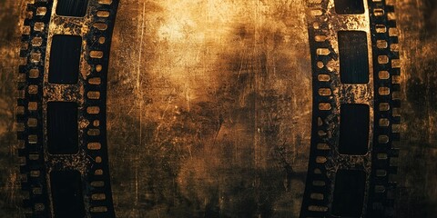 Two old, black and white film reels on a wooden surface with a golden, textured background.