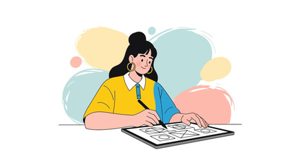 Woman Designing on Tablet Depicted in Whimsical Style with Geometric Elements
