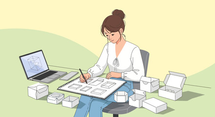 Woman Designing Package Models, Using Laptop, Sketching Different Box Forms and Prototyping