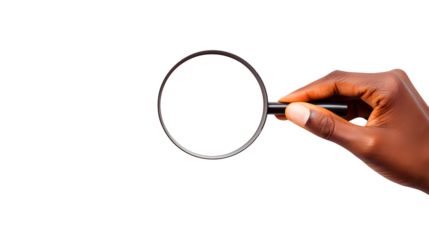 Close up of a dark skinned hand holding a magnifying glass with a clear lens isolated on transparent background