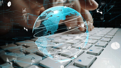 A captivating visual representation of global connectivity and data analysis with a keyboard, showcasing digital interaction and modern technology trends. Xenic