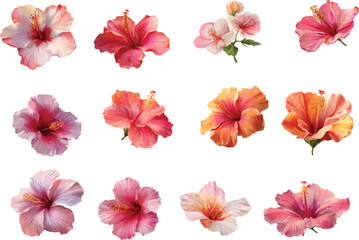 hibiscus flowers with green leaves isolated