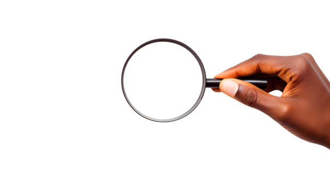 Close up of a dark skinned hand holding a magnifying glass with a clear lens isolated on transparent background