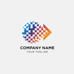 Digital technology logo with a colorful pixelated circle transforming into an arrow.