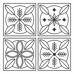 Four square geometric decorative patterns featuring stylized leaves and abstract winter motifs in black and white