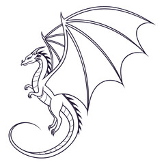 Majestic outline of a mythical dragon with large wings spread wide in flight against a white background