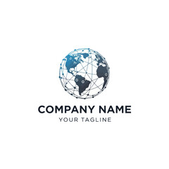 Global Network Connection Logo Design with Earth Map and Interconnected Dots.