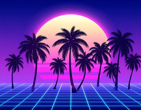 Retro synthwave scene with silhouetted palm trees, grid, and sunset