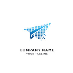 Digital Paper Airplane Logo with Pixelated Trail.
