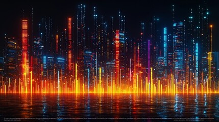 Digital rendering of a futuristic cityscape at night, ablaze with light and reflections