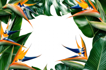 Bird of paradise flowers and monstera leaves isolated on a transparent background