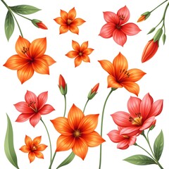 Vibrant Floral Design with Orange and Red Flowers on a White Background for Elegant Decor and Artistic Projects