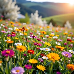 Vibrant Flower Field at Sunset with Colorful Blossoms, Green Hills, and Soft Light Creating a Peaceful Atmosphere in Nature
