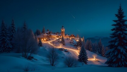 Night view of a small Christmas village beside a forest, warm red lights emanating from cozy cabins, starry sky with constellations, winter season.