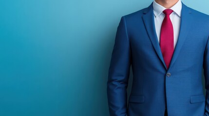 Business man wea formal suit with red tie standing against vibrant blue background for professional corporate or formal event themes and modern workplace image