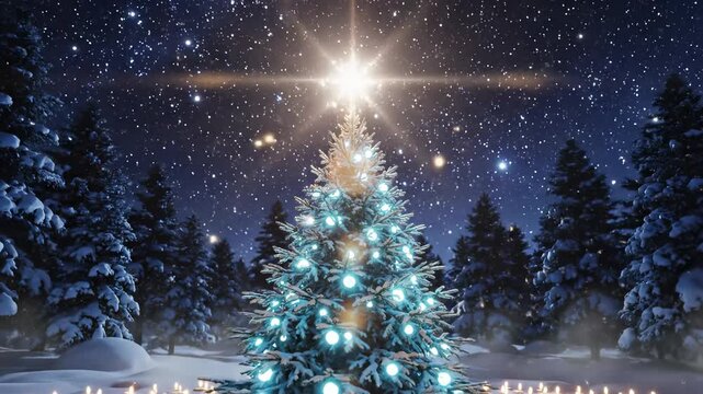 Festive xmastree shimmering with celestial light in a serene snowy forest, capturing the enchanting magic of Christmas night and holiday season