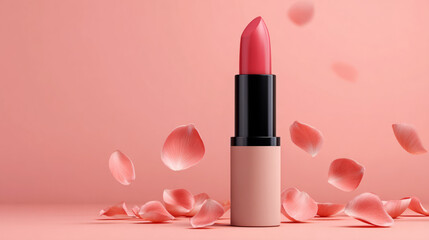 Elegant lipstick with falling rose petals against a soft pink backdrop for beauty and cosmetic promotions