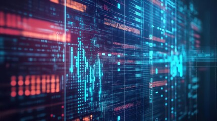 Advanced digital stock market interface displaying colorful financial charts with data analytics and trend graphs on futuristic technology background