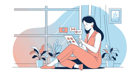 Woman Enjoying Tablet Device While Relaxing Alongside Beautiful Indoor Potted Plants and a Window