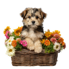 Adorable fluffy puppy sitting in a woven basket filled with colorful autumn flowers isolated on transparent background