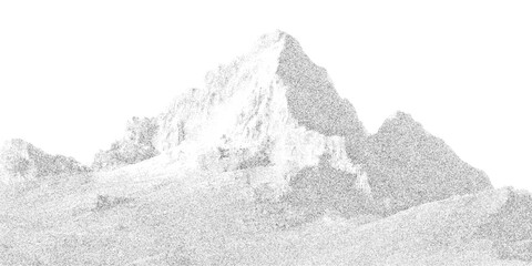 Stipple mountain landscape, pointillism texture forming sharp ridges and peaks. Fine grain relief creating misty atmospheric contrast, vector illustration