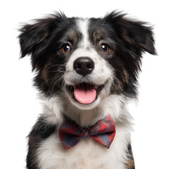 Happy australian shepherd dog wearing a plaid bow tie smiling proudly isolated on transparent background