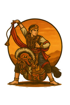 Vintage Kuda Lumping Vector Logo with Sunset Background &ndash; Transparent PNG
