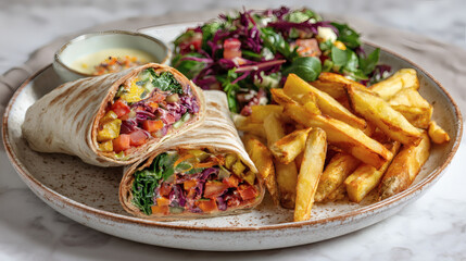 A plate featuring a wrap cut in half, fries, a side salad, and a small bowl of sauce.