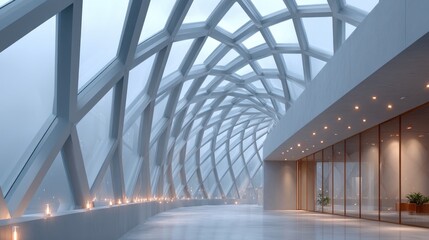 Modern Interior View Of A Large Steel Dome Structure With Geometric Windows And Ambient Lighting Creating An Architectural Masterpiece