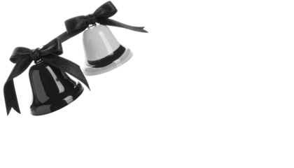 Separated Christmas bells with red ribbon and elegant bow decoration isolated on white background