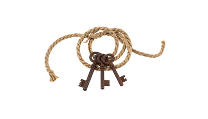 Old key chain on a ring, isolated on a white background