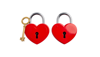 Red heart shaped padlock and key isolated on white background