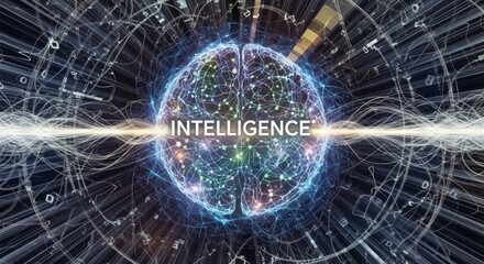 Fototapeta premium Brain's Neural Network of Intelligence: a captivating digital representation of the brain, interwoven with a complex neural network and the word INTELLIGENCE.