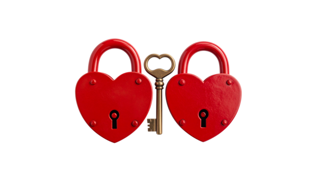 Red heart shaped padlock and key isolated on white background