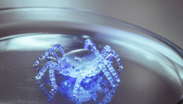 Glowing biotech nanorobot spider for drug discovery in petri dish. This innovative microbot represents new frontier in medical research and nanotechnology for healthcare