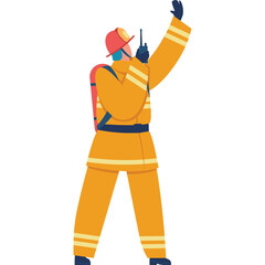 Firefighter in yellow protective suit holding a radio and waving with one hand and red helmet and blue details on white background