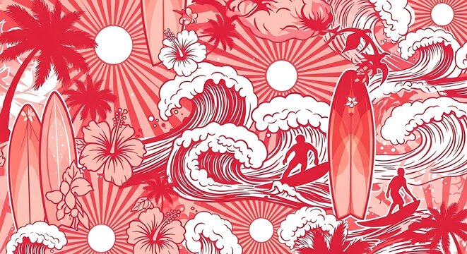 Red Summer Surf Illustration with Surfers Waves and Tropical Flowers