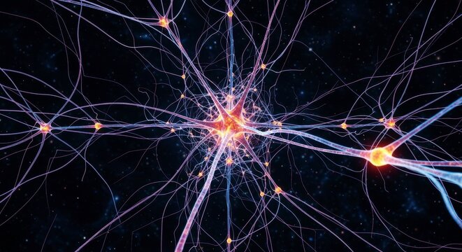 Network of Neurons: A luminous network of neurons, like radiant threads of light, weave a complex web, symbolizing the intricate beauty and power of the mind and the cosmos. 